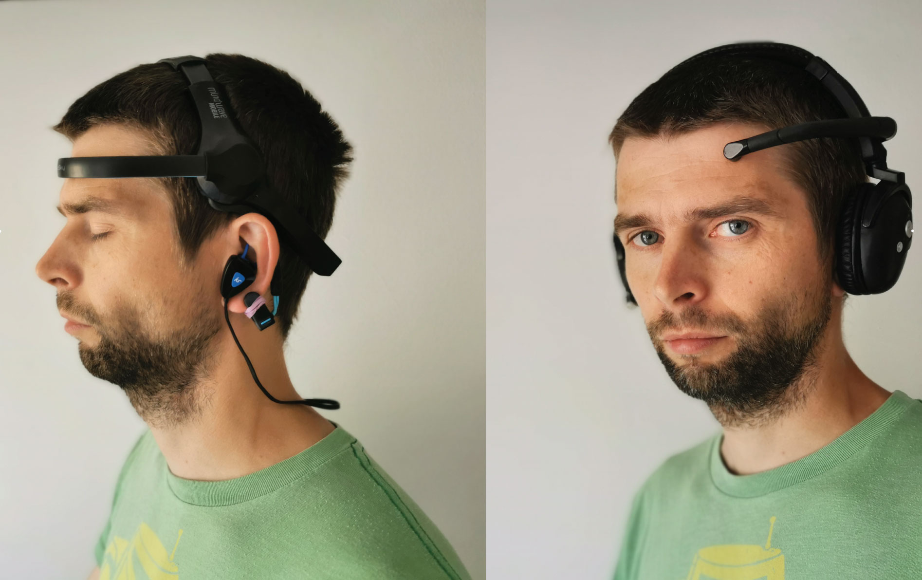 Photo of NeuroSky headsets: Mindwave (left) with additional Bluetooth headphones and Mindset (left) with built-in over-ear headphones.