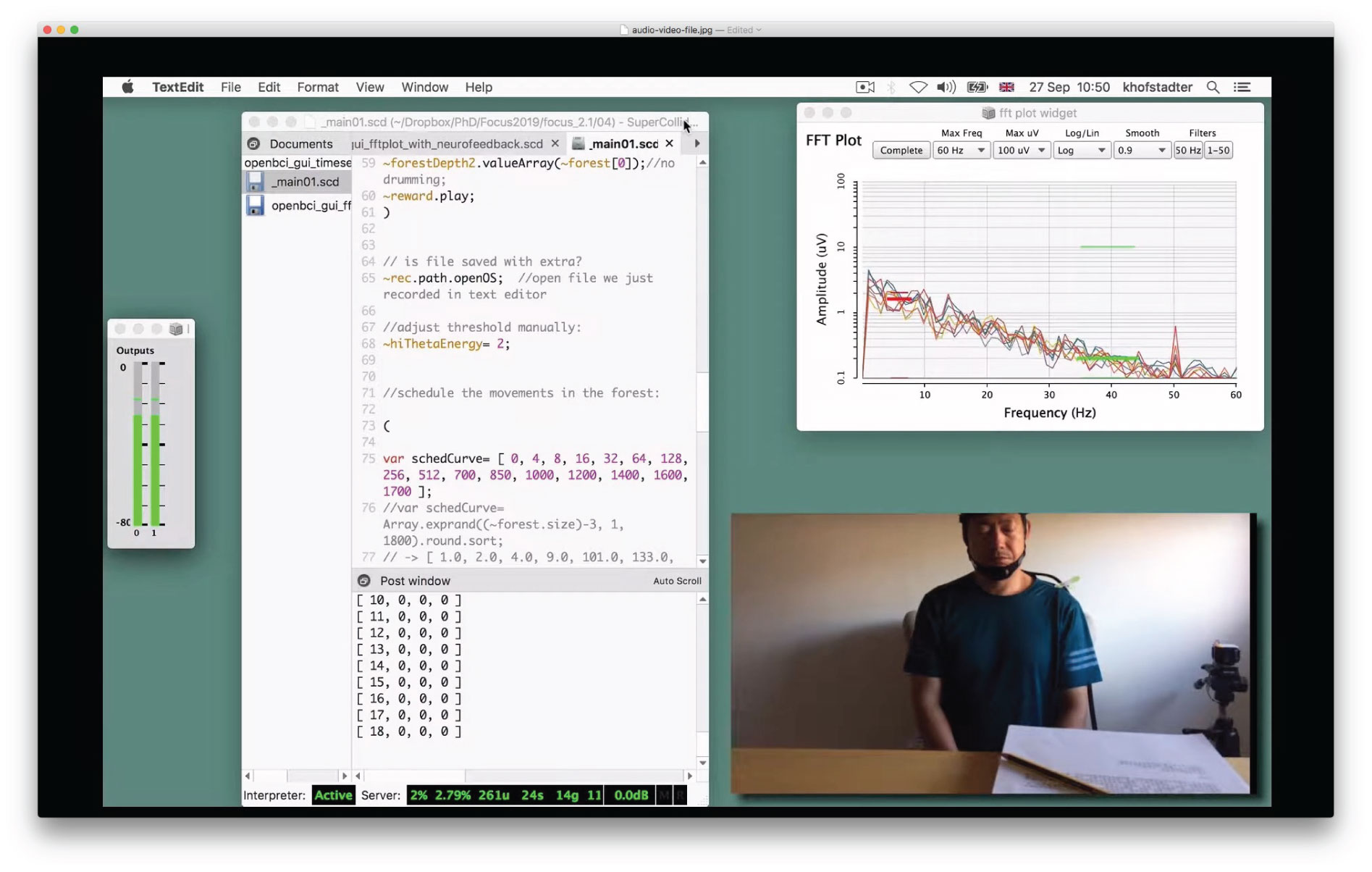 Snapshot of an NFT session's screencast showing three SuperCollider windows (from left: audio volume meter, IDE with textual programming/post window and FFT plot) and one camera window.