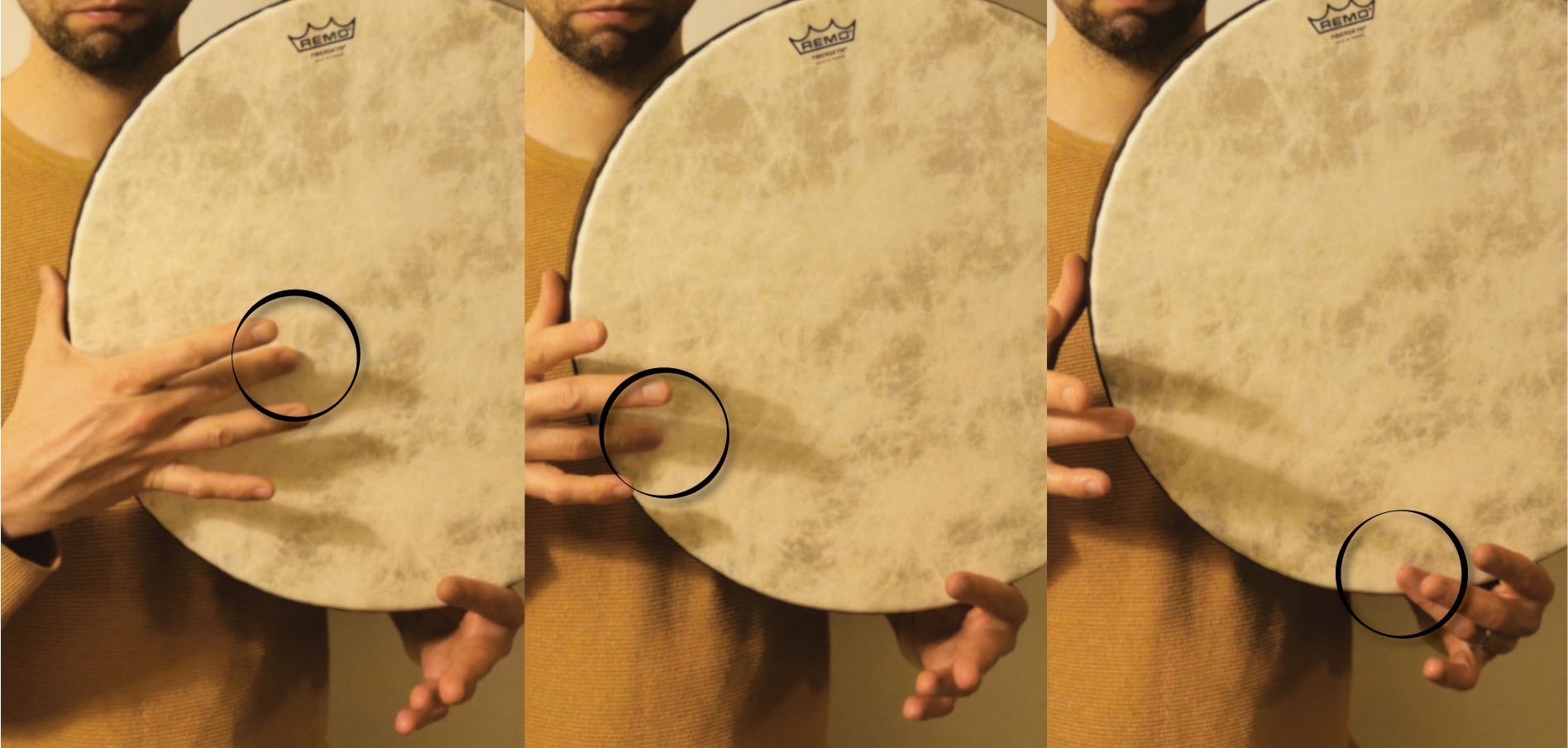 Frame drum sounds 'dum' (left), 'tak' (middle) and 'tek' (right).