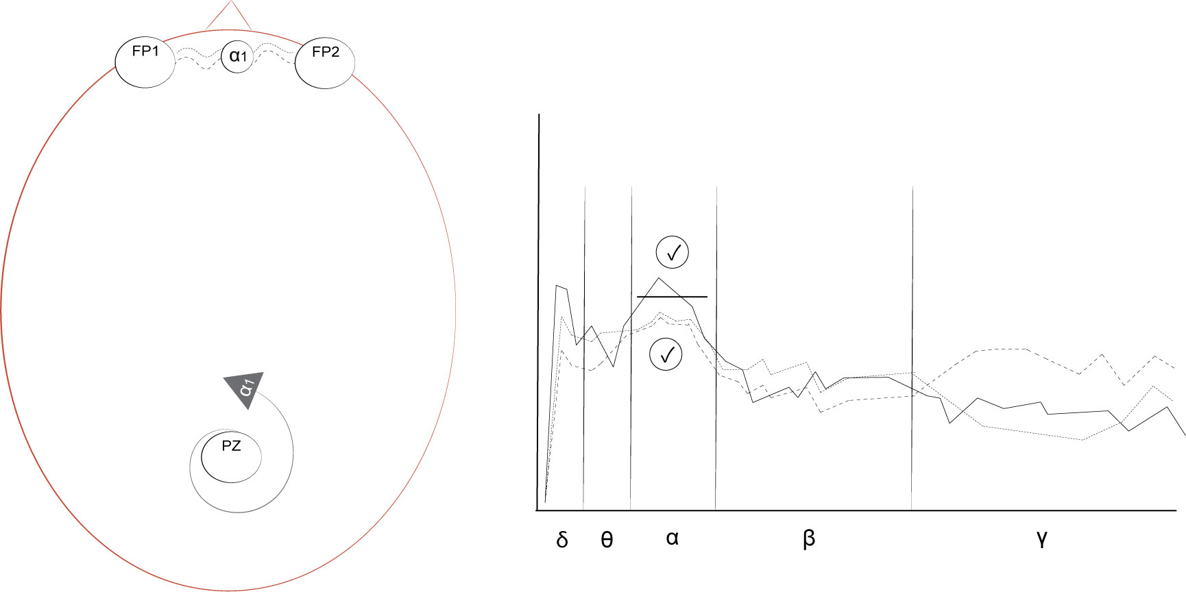 A quiet mind protocol's electrode location (left) and spectral plot (right) show the application of one indicator rewarding increase of low-alpha on PZ and another indicator rewarding low-alpha coherence between FP1 and FP2.