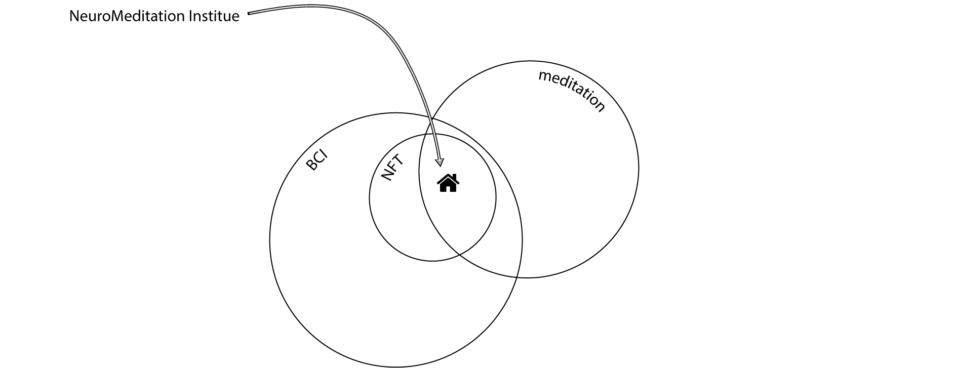 Venn diagram locating the NeuroMeditation Institute in the intersection of the domains of NFT and meditation.